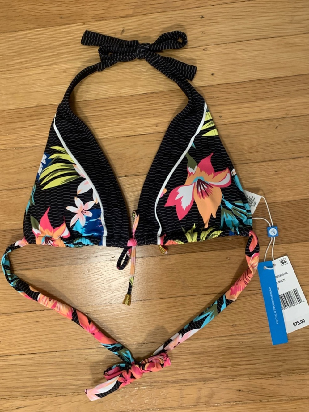 NWT Bleu Rod Beattie Black Multicolor Triangle Bikini Top with Halter Ties SZ 6 - Picture 5 of 11